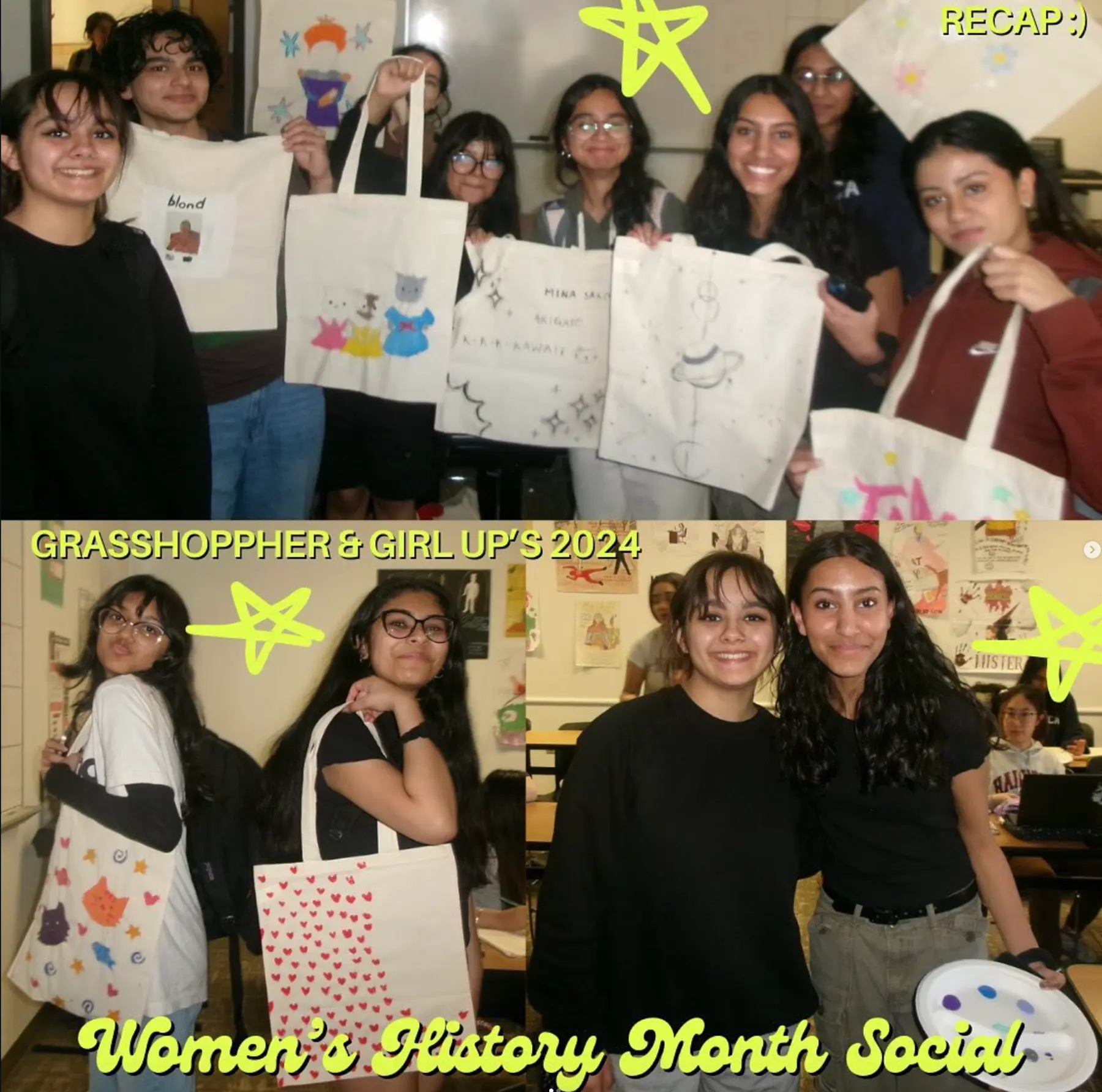 Bloom community members displaying student-designed tote bags