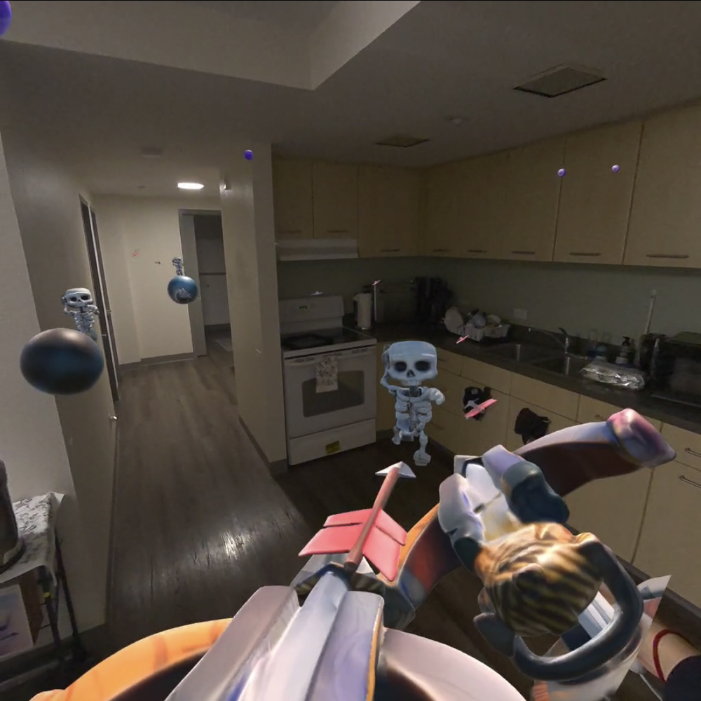 ClashXR mixed-reality gameplay showing an X-Bow and skeleton enemies