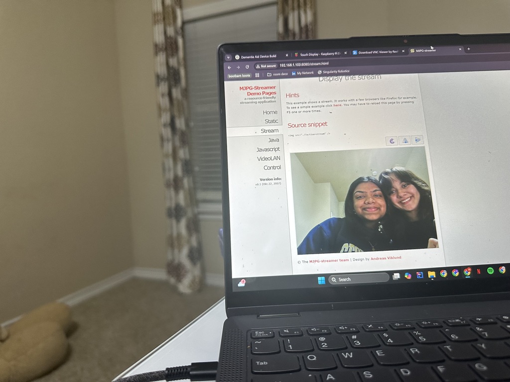 Memory Care Device prototype streaming a live patient-monitoring camera feed