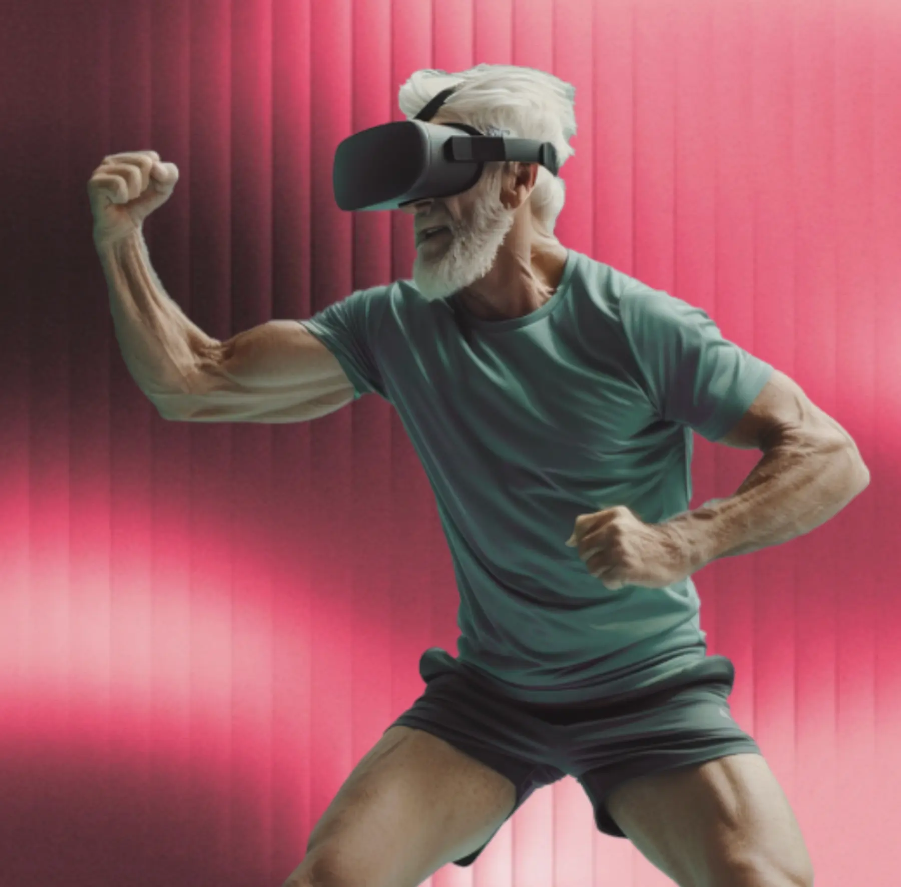Older adult using a virtual reality headset during an XR fitness session